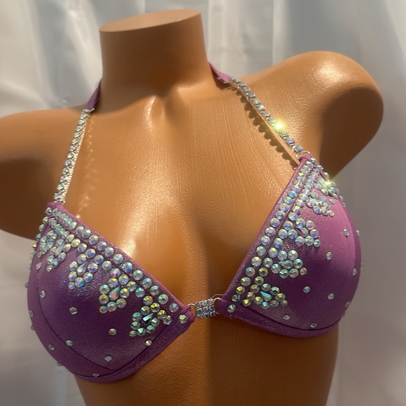 Purple Competition bikini Posing suit handmade 32B cup small bottom AB Crystal - Picture 2 of 5